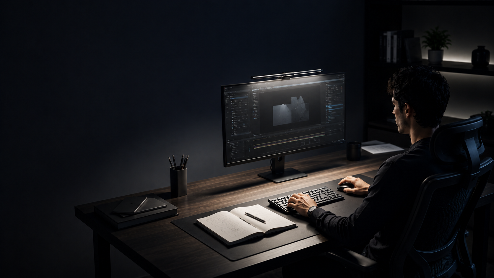 A modern workspace lit by a Quntis monitor light bar while a person works at the desk