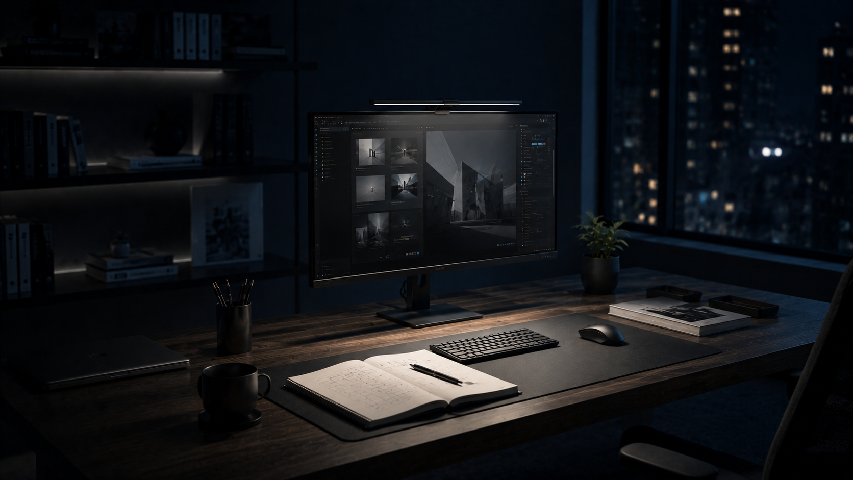 A complete desk light environment with Quntis monitor lighting and soft surrounding light
