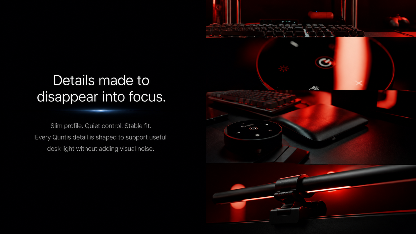 Quntis product details, controller, and monitor light mounting integrated into a red-lit desk setup
