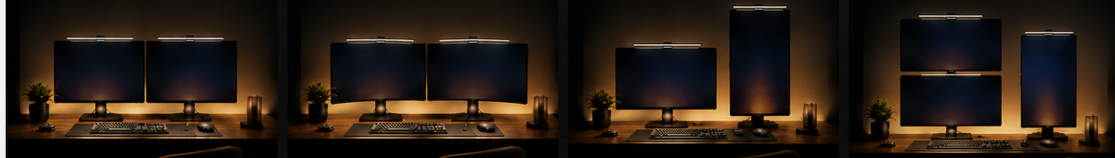 Four multi-light monitor setup scenes with Quntis monitor light bars