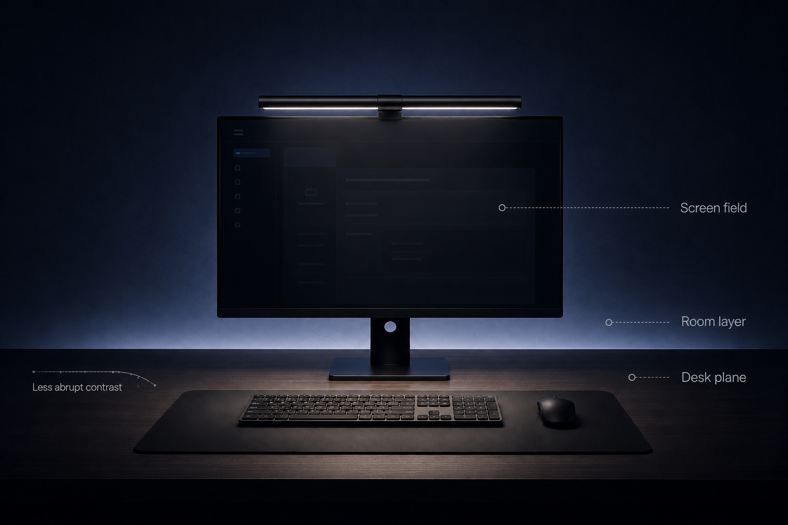 Quntis layered lighting keeps the desk plane and background softly visible around a bright screen