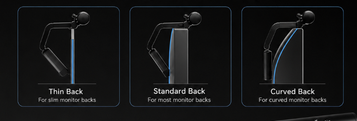 Quntis patented clip design supporting thin, standard, and curved monitor backs