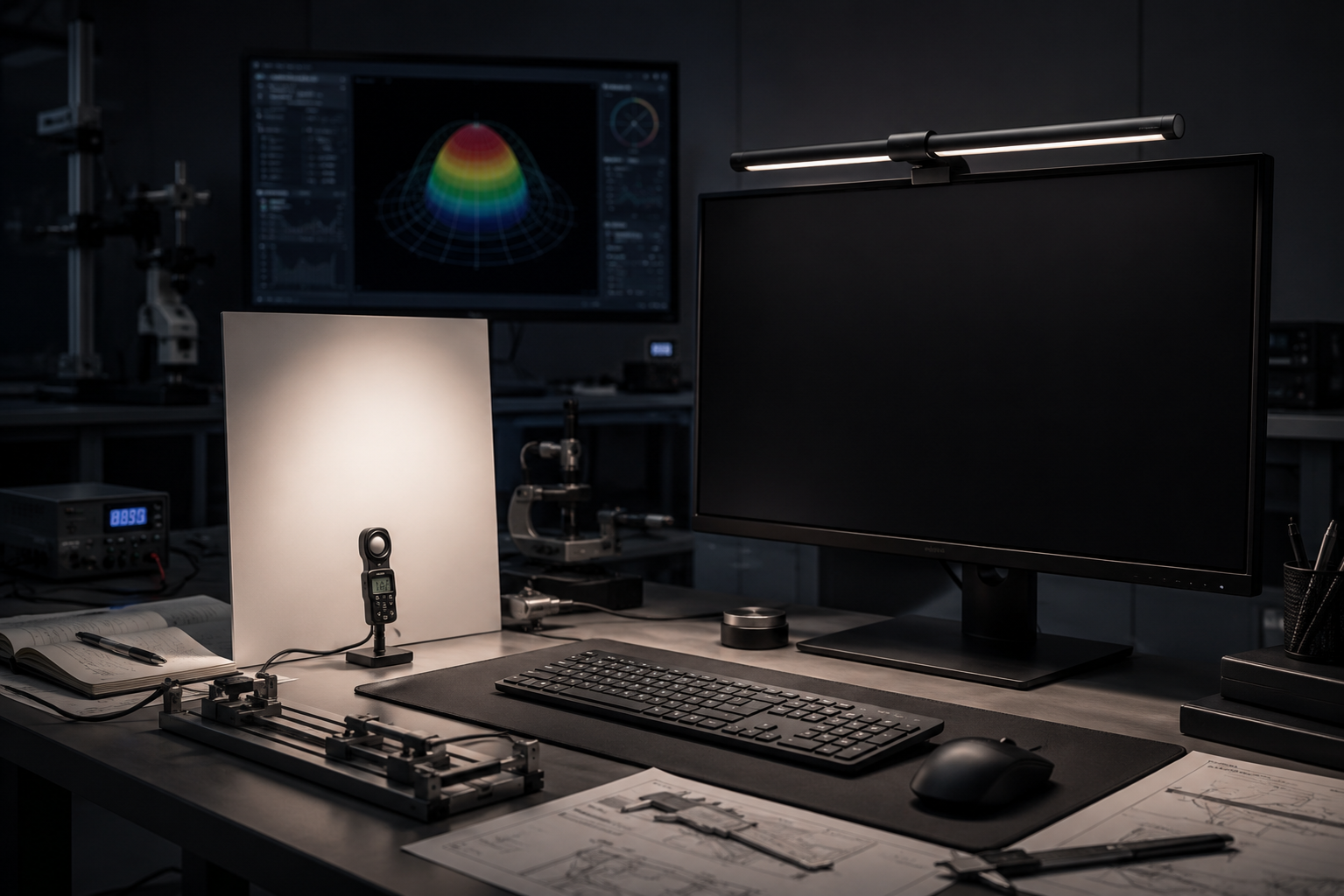 Quntis optical engineering lab setup showing controlled desk lighting and a clean monitor area