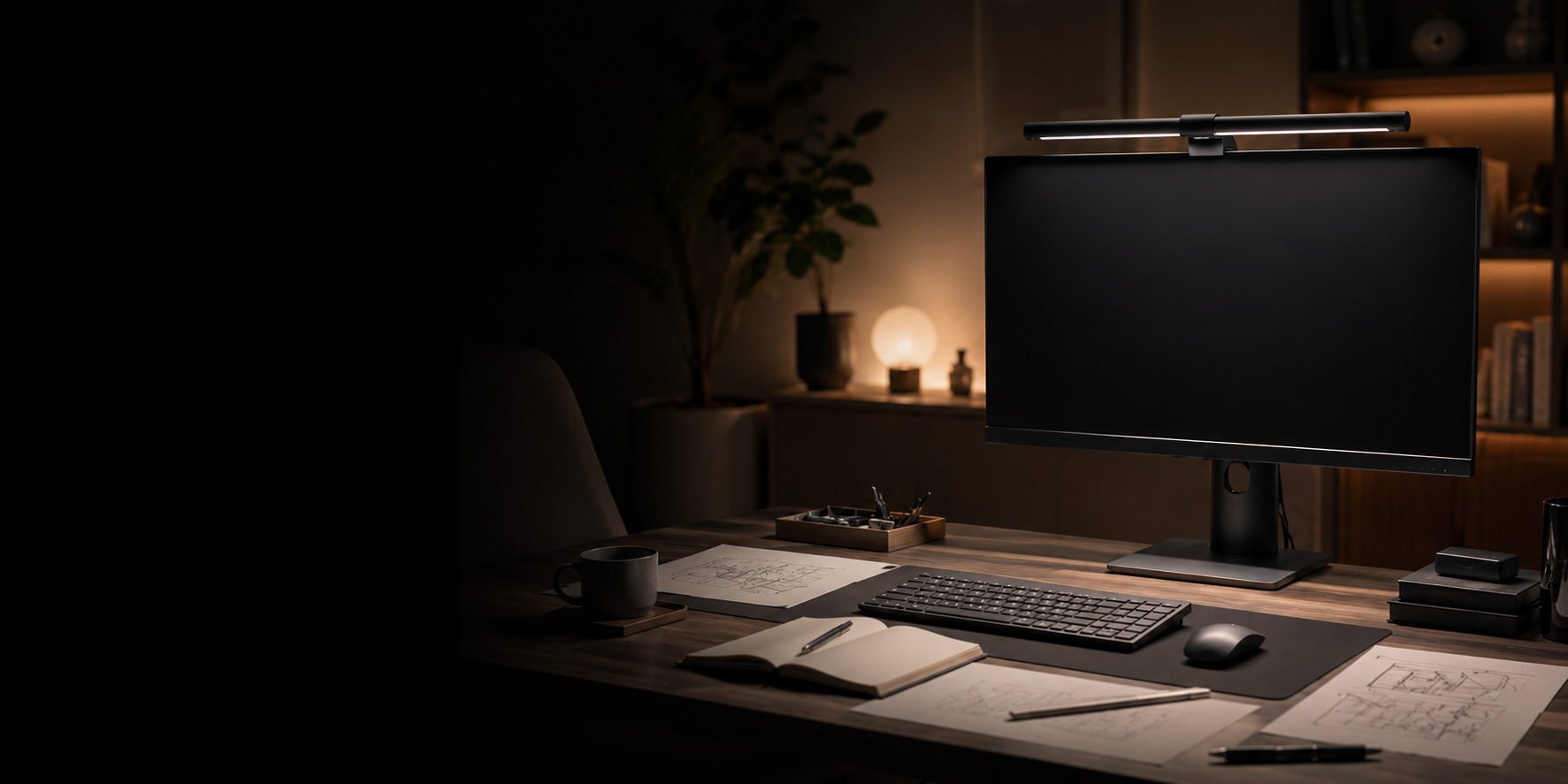 Quntis monitor light bar placed above a clean screen while useful light lands on the desk