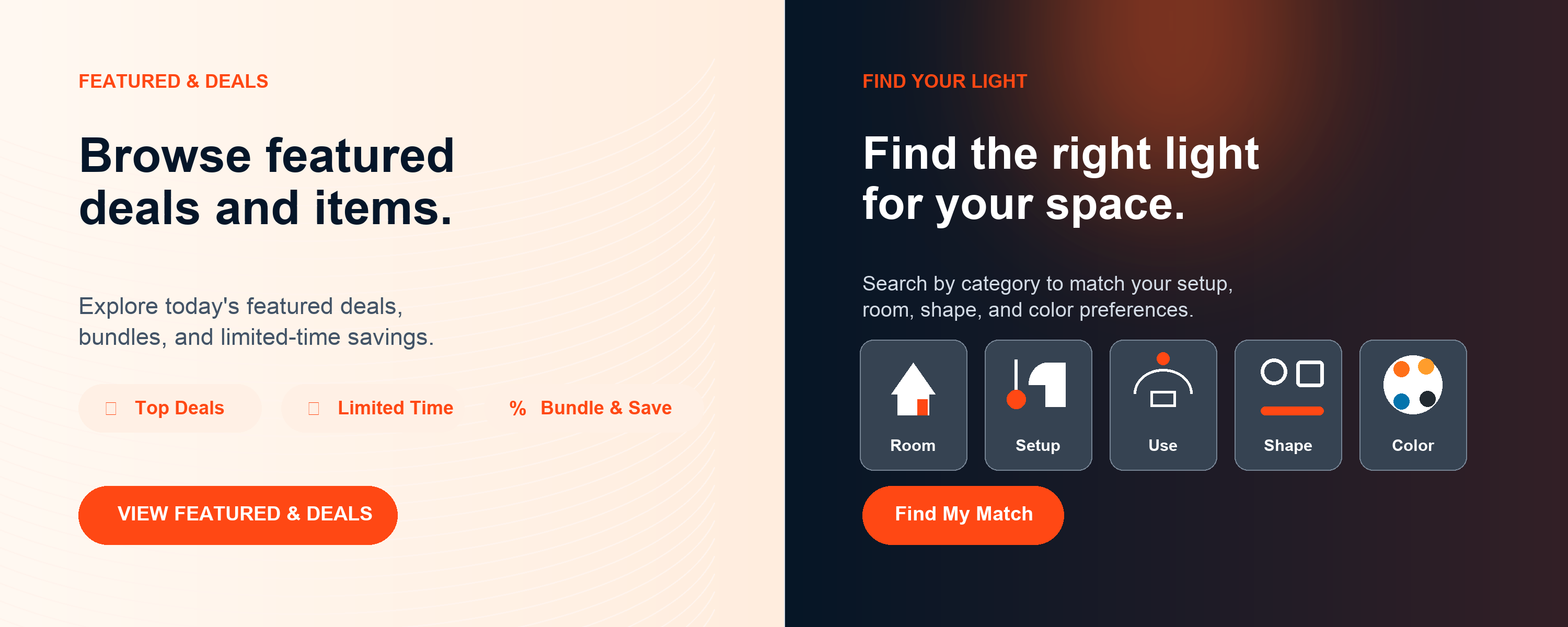 Featured deals and Find Your Light entry
