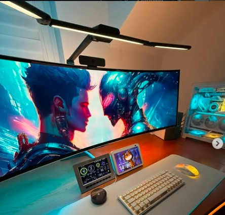 Ultrawide monitor setup with desk lamp
